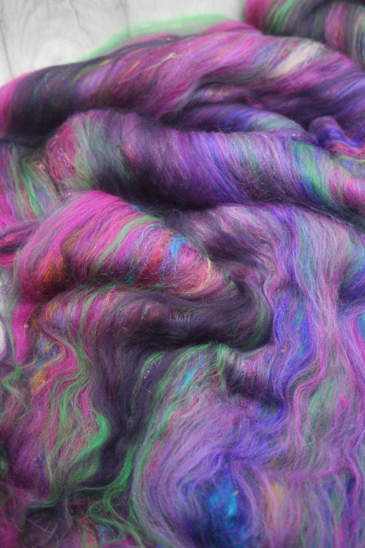 Merino Art Batt - Pink Green Purple - 45 grams 1.5 oz - Wool for felting, spinning and weaving