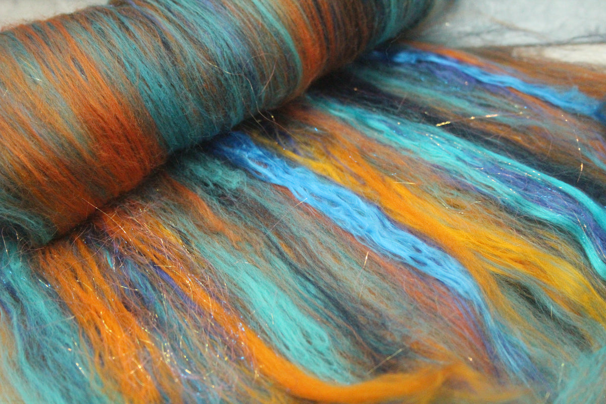 Merino Art Batt - Blue Orange- 58 grams 2 oz - Wool for felting, spinning and weaving