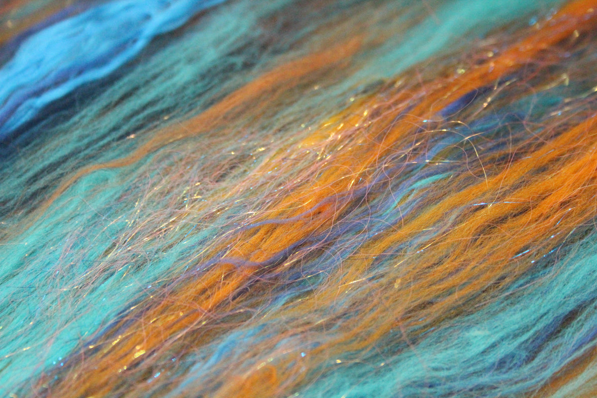Merino Art Batt - Blue Orange- 58 grams 2 oz - Wool for felting, spinning and weaving