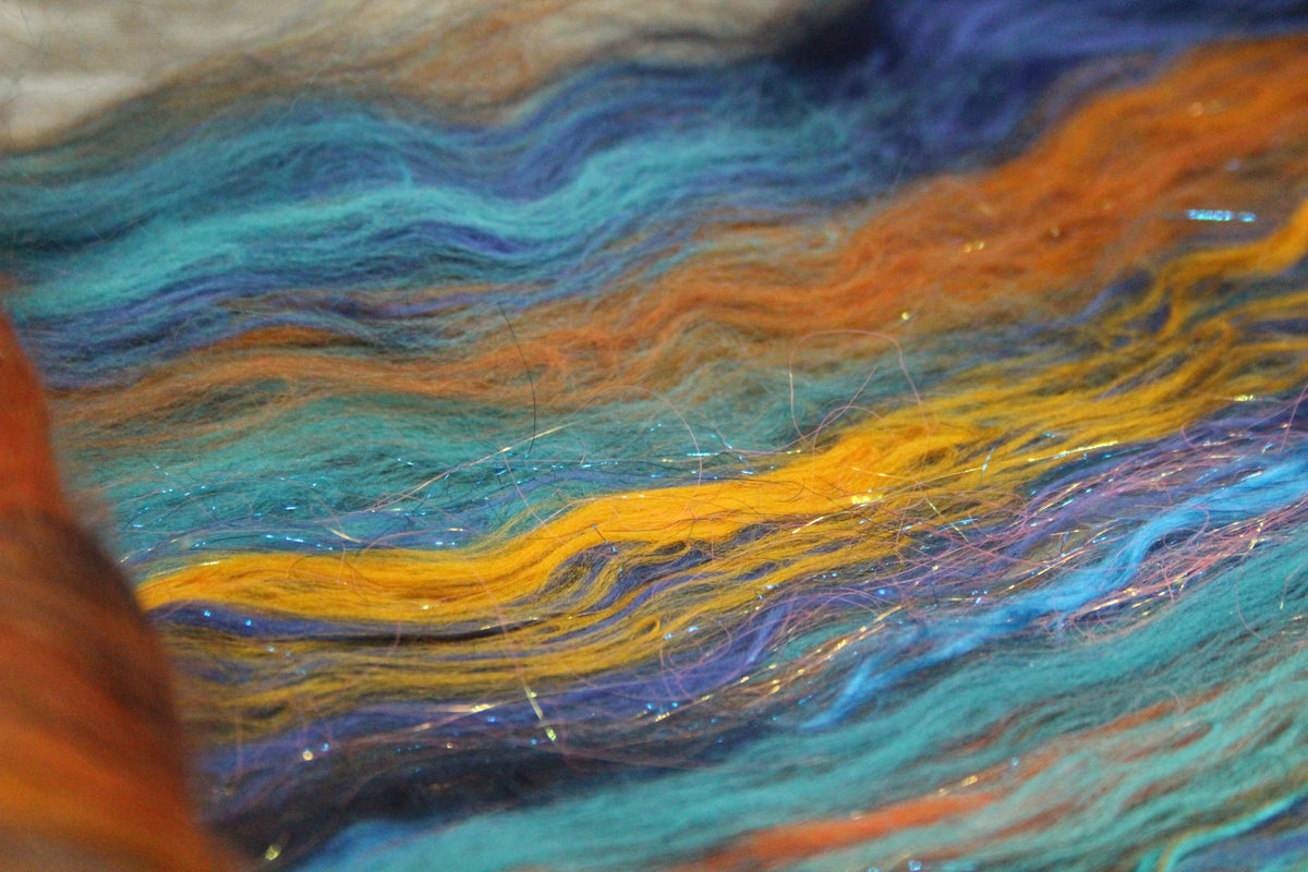 Merino Art Batt - Blue Orange- 58 grams 2 oz - Wool for felting, spinning and weaving