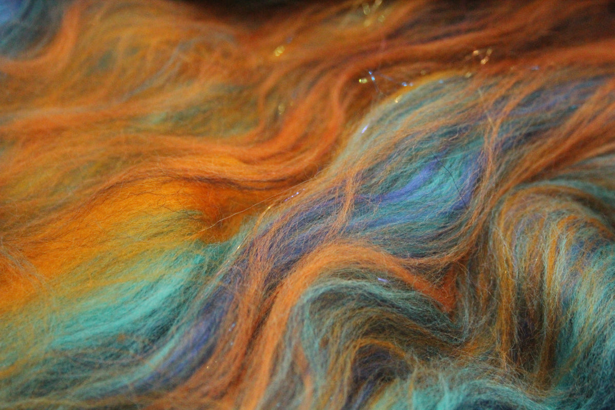 Merino Art Batt - Blue Orange- 58 grams 2 oz - Wool for felting, spinning and weaving