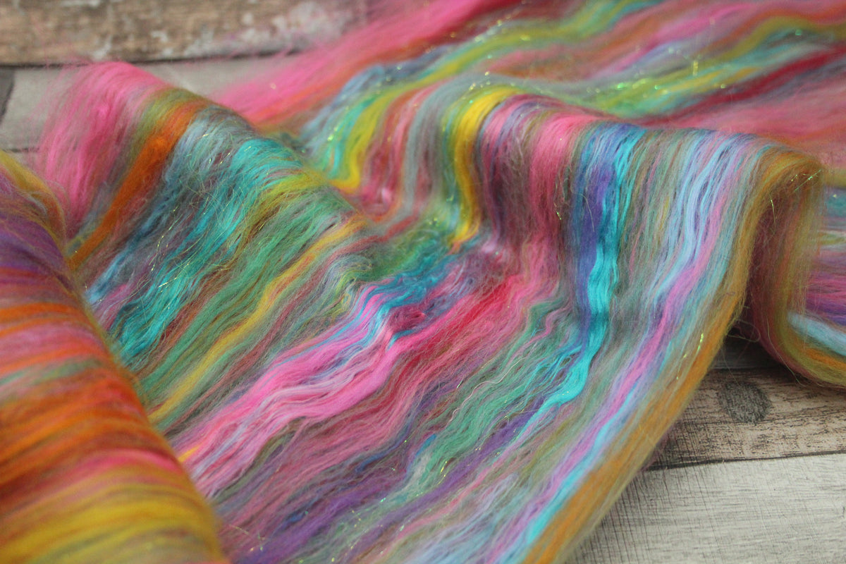 Merino Art Batt - Blue Green Pink Purple Orange Yellow - 59 grams 2 oz - Wool for felting, spinning and weaving