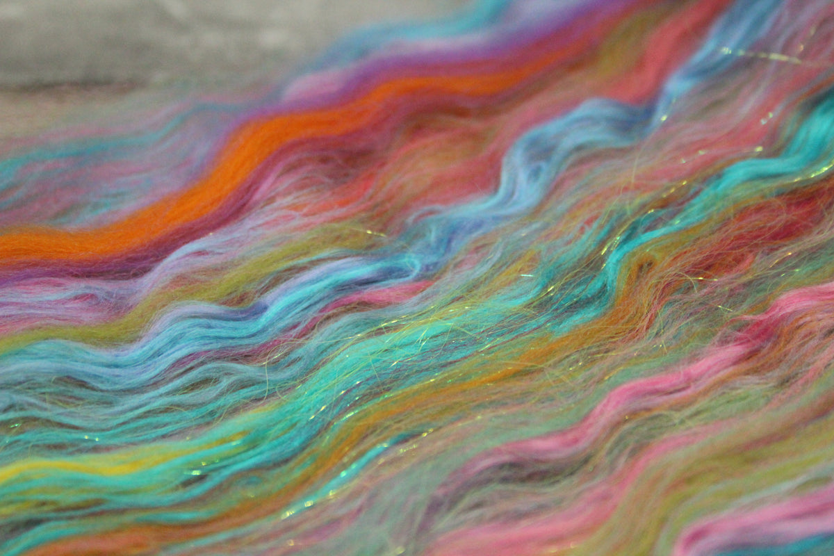 Merino Art Batt - Blue Green Pink Purple Orange Yellow - 59 grams 2 oz - Wool for felting, spinning and weaving