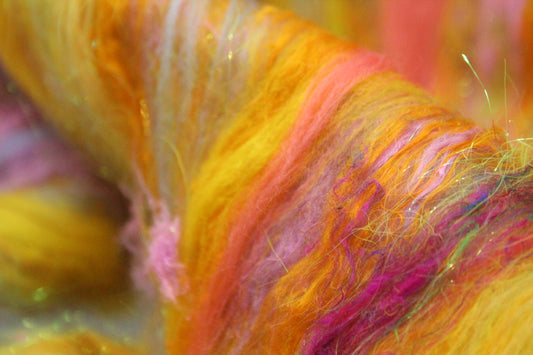Merino Art Batt - Pink Yellow - 44 grams 1.5 oz - Wool for felting, spinning and weaving