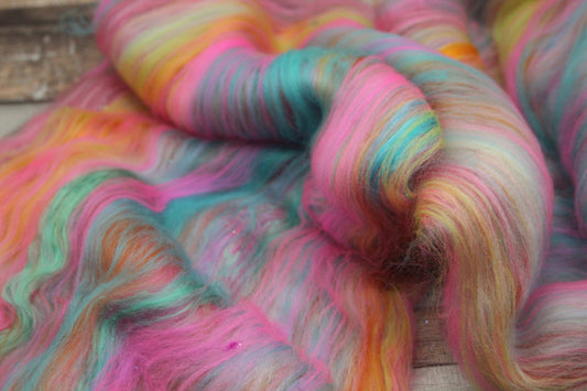 Merino Art Batt - Blue Green White Brown Pink - 61 grams 2.1 oz - Wool for felting, spinning and weaving