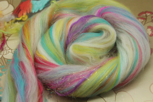 Merino Wool Blend - White + Brights - 16 grams / 0.5 oz + 10 grams of locks - Fibre for felting, weaving or spinning