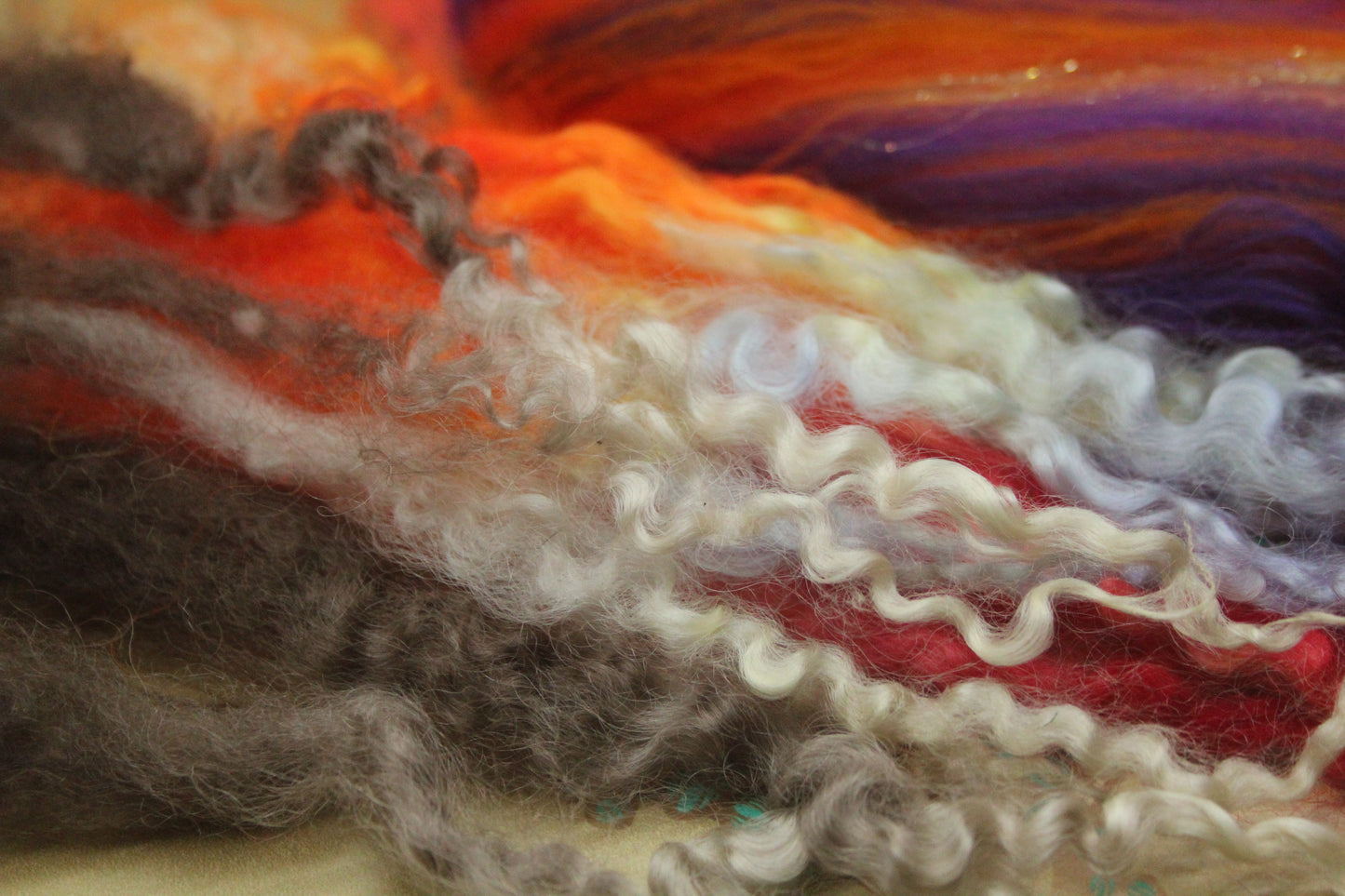 Merino Wool Blend - Orange Purple - 22 grams / 0.7 oz + 8 grams of locks - Fibre for felting, weaving or spinning