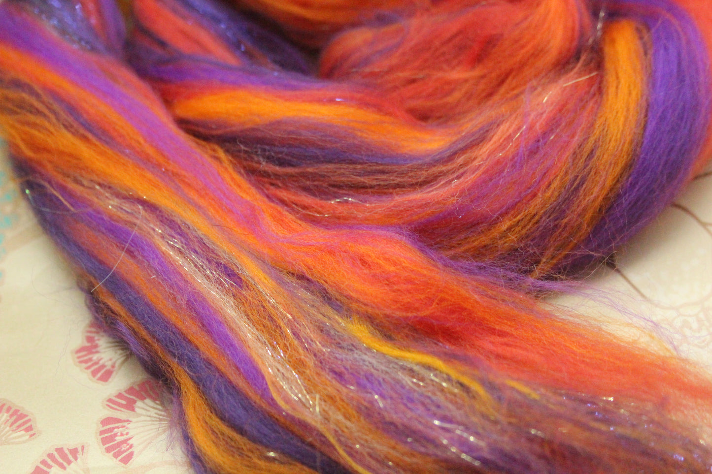 Merino Wool Blend - Orange Purple - 22 grams / 0.7 oz + 8 grams of locks - Fibre for felting, weaving or spinning