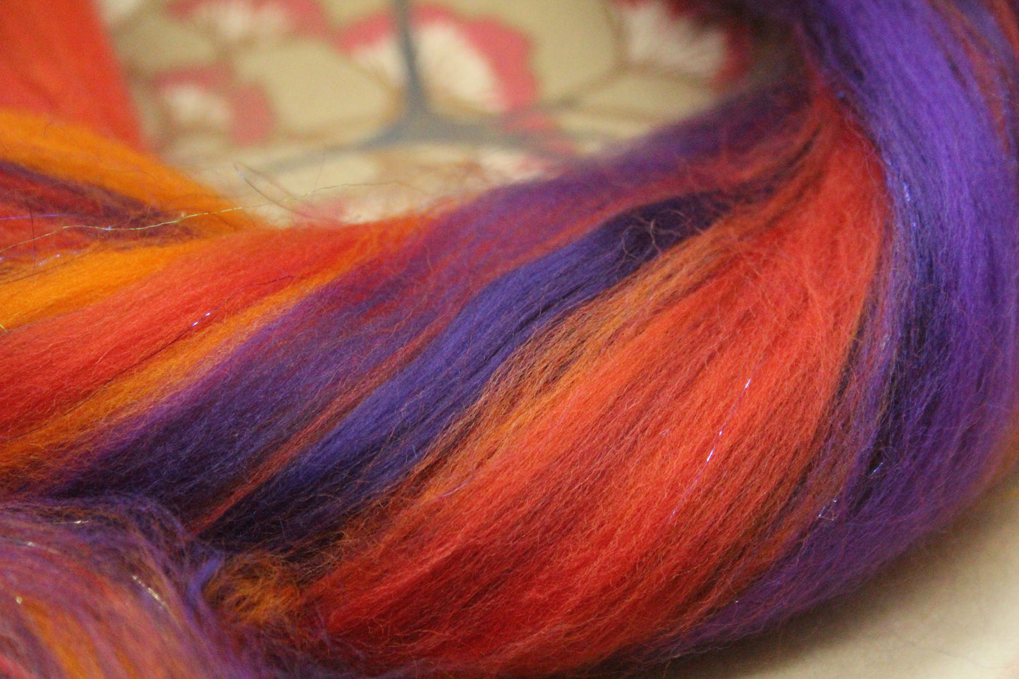 Merino Wool Blend - Orange Purple - 22 grams / 0.7 oz + 8 grams of locks - Fibre for felting, weaving or spinning