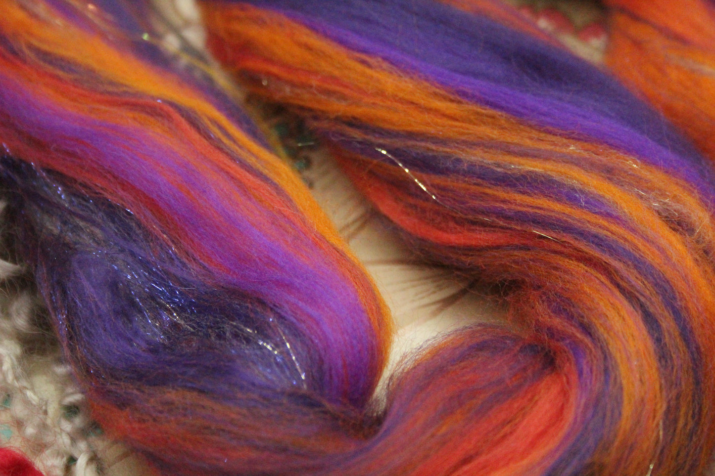 Merino Wool Blend - Orange Purple - 22 grams / 0.7 oz + 8 grams of locks - Fibre for felting, weaving or spinning