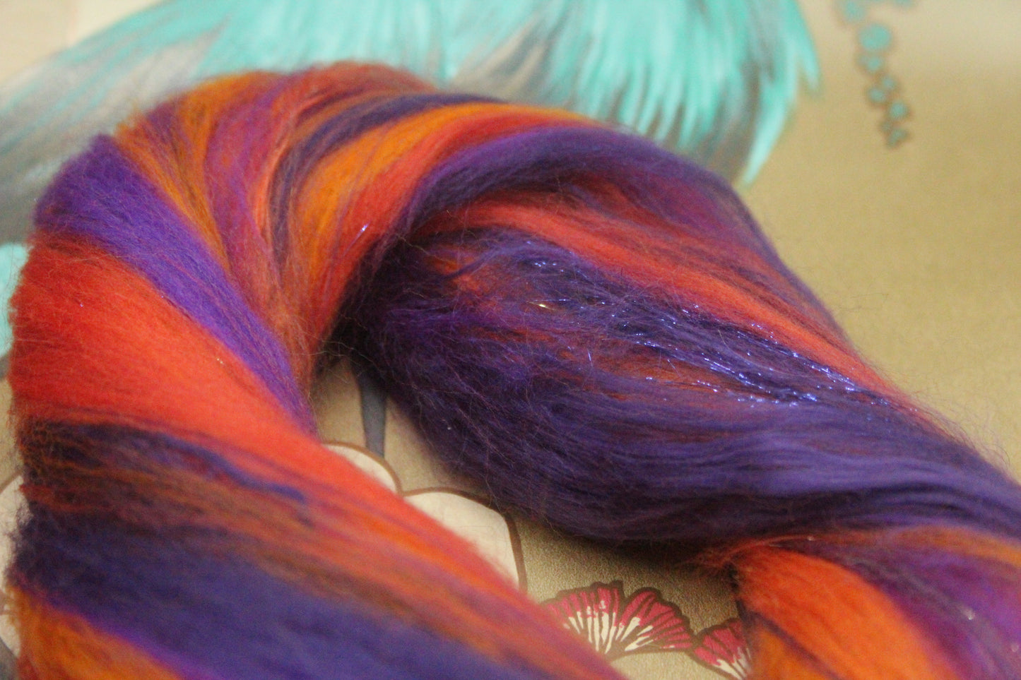 Merino Wool Blend - Orange Purple - 22 grams / 0.7 oz + 8 grams of locks - Fibre for felting, weaving or spinning