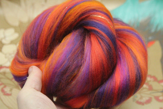 Merino Wool Blend - Orange Purple - 29 grams / 1 oz - Fibre for felting, weaving or spinning