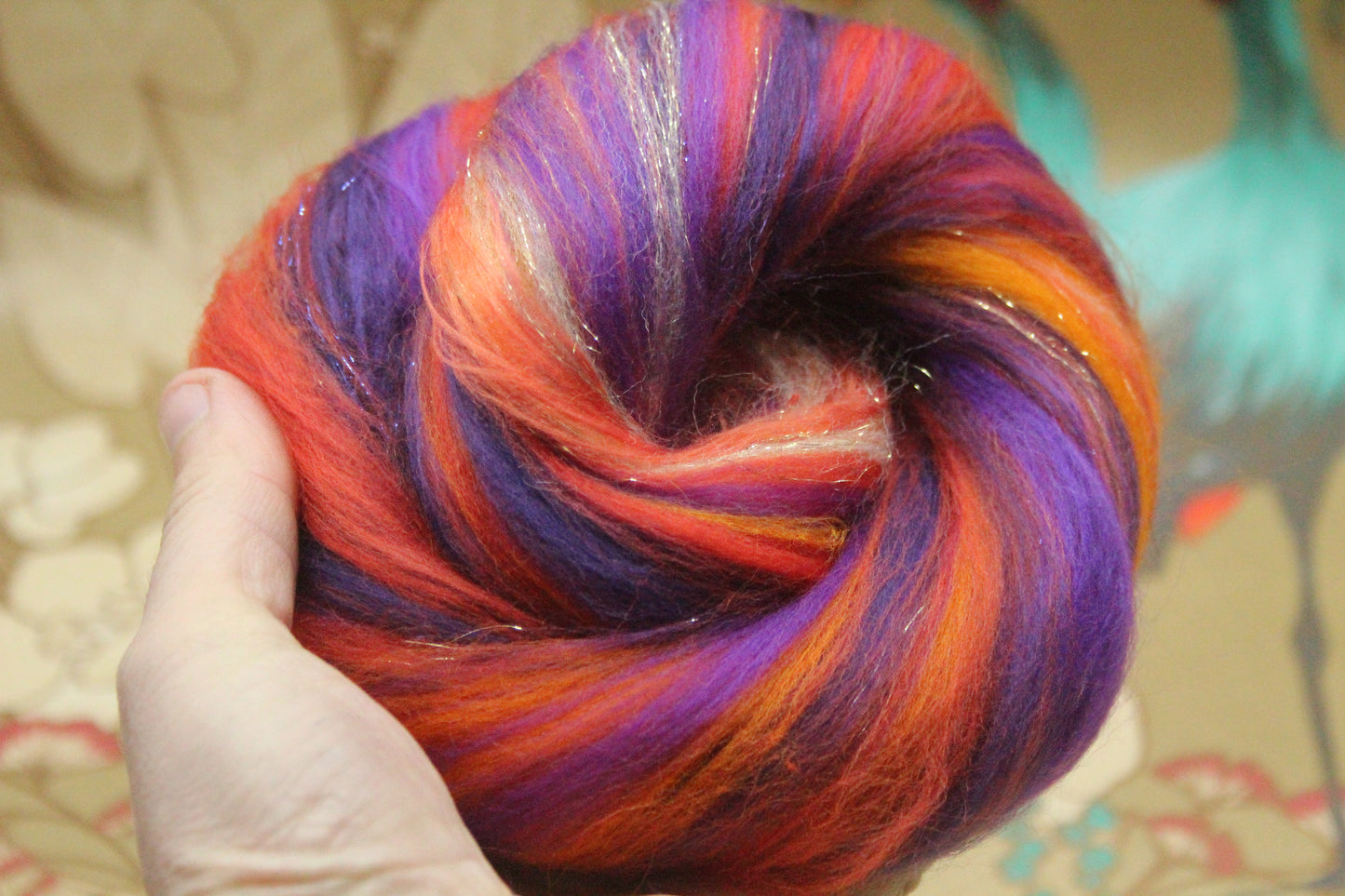 Merino Wool Blend - Orange Purple - 22 grams / 0.7 oz - Fibre for felting, weaving or spinning