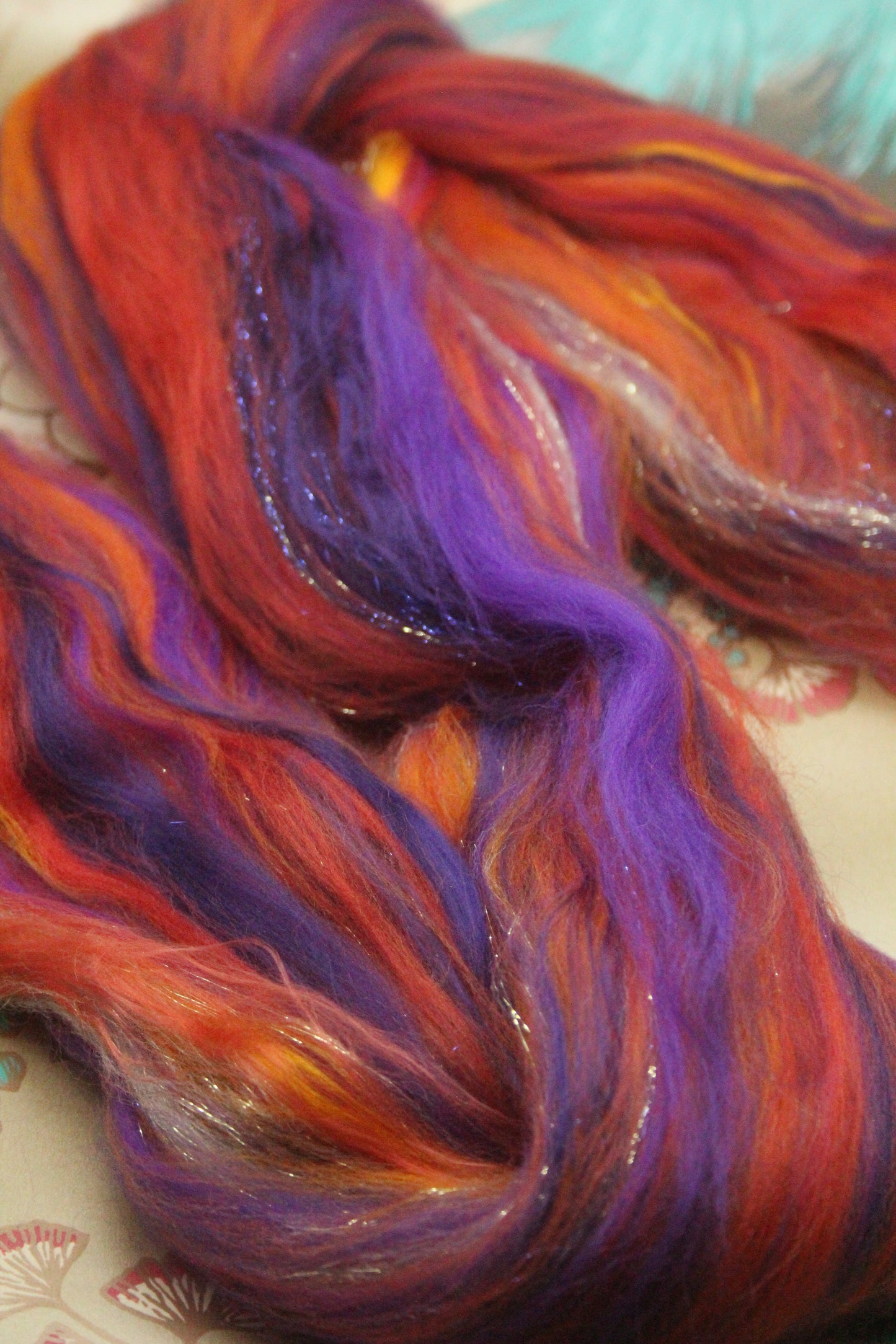 Merino Wool Blend - Orange Purple - 22 grams / 0.7 oz - Fibre for felting, weaving or spinning