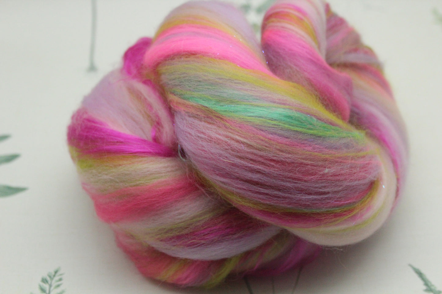 Merino Wool Blend - Purple Rose Green Pink - 56 grams / 1.9 oz - Fibre for felting, weaving or spinning