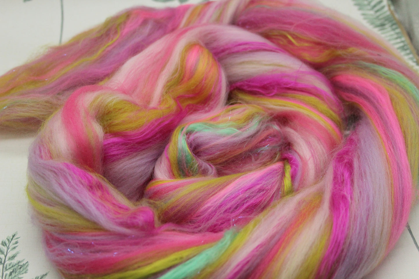 Merino Wool Blend - Purple Rose Green Pink - 56 grams / 1.9 oz - Fibre for felting, weaving or spinning