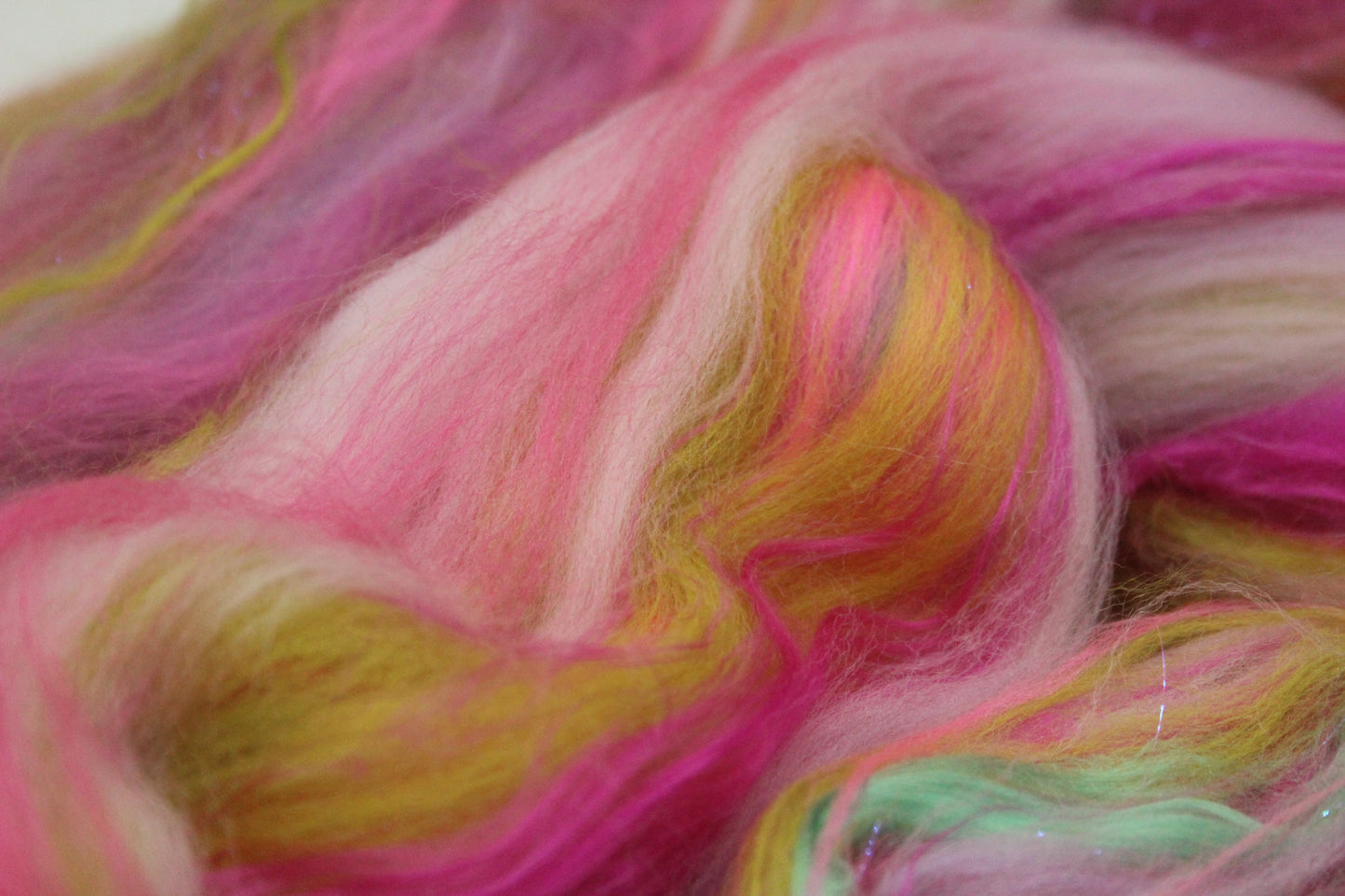 Merino Wool Blend - Purple Rose Green Pink - 56 grams / 1.9 oz - Fibre for felting, weaving or spinning