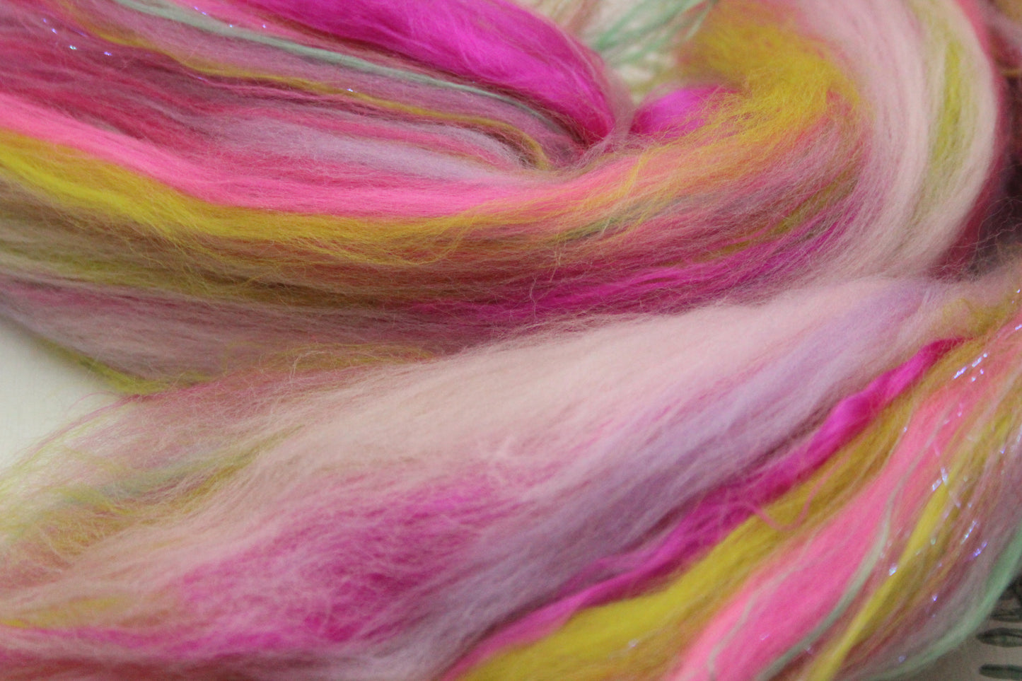 Merino Wool Blend - Purple Rose Green Pink - 56 grams / 1.9 oz - Fibre for felting, weaving or spinning