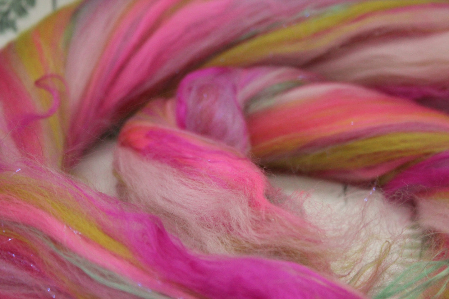 Merino Wool Blend - Purple Rose Green Pink - 56 grams / 1.9 oz - Fibre for felting, weaving or spinning