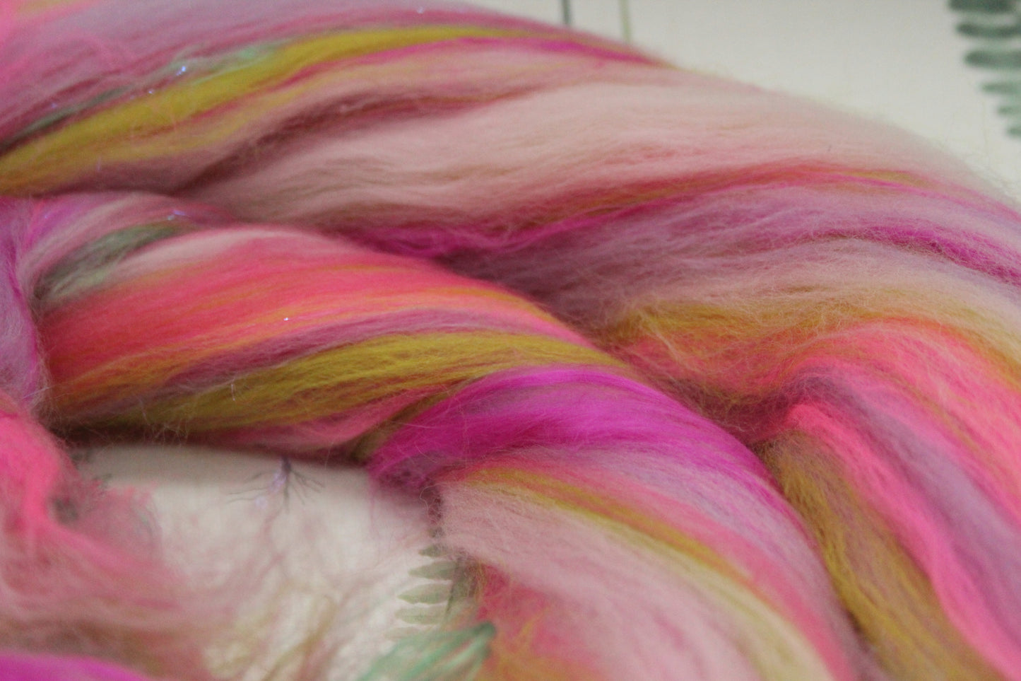 Merino Wool Blend - Purple Rose Green Pink - 56 grams / 1.9 oz - Fibre for felting, weaving or spinning