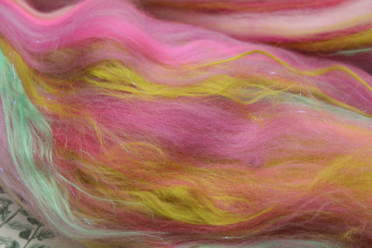 Merino Wool Blend - Purple Rose Green Pink - 56 grams / 1.9 oz - Fibre for felting, weaving or spinning