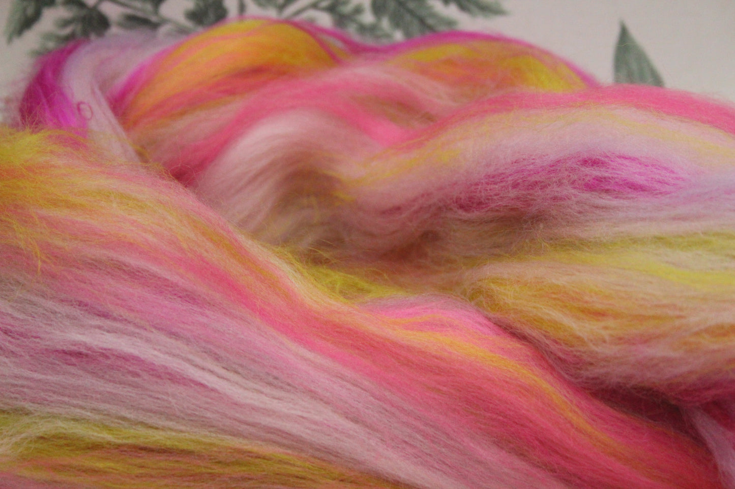 Merino Wool Blend - Purple Rose Green Pink - 56 grams / 1.9 oz - Fibre for felting, weaving or spinning