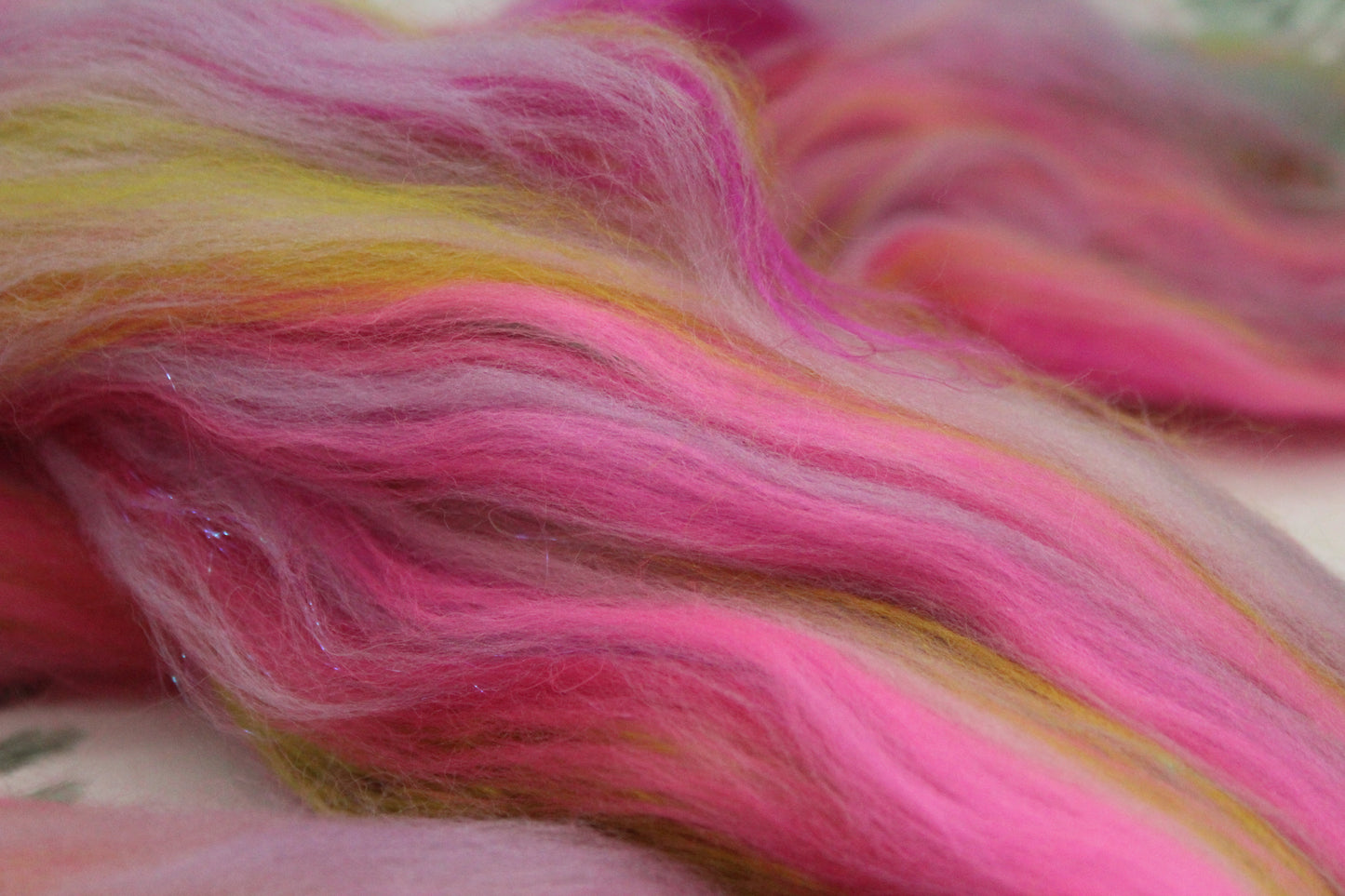 Merino Wool Blend - Purple Rose Green Pink - 56 grams / 1.9 oz - Fibre for felting, weaving or spinning