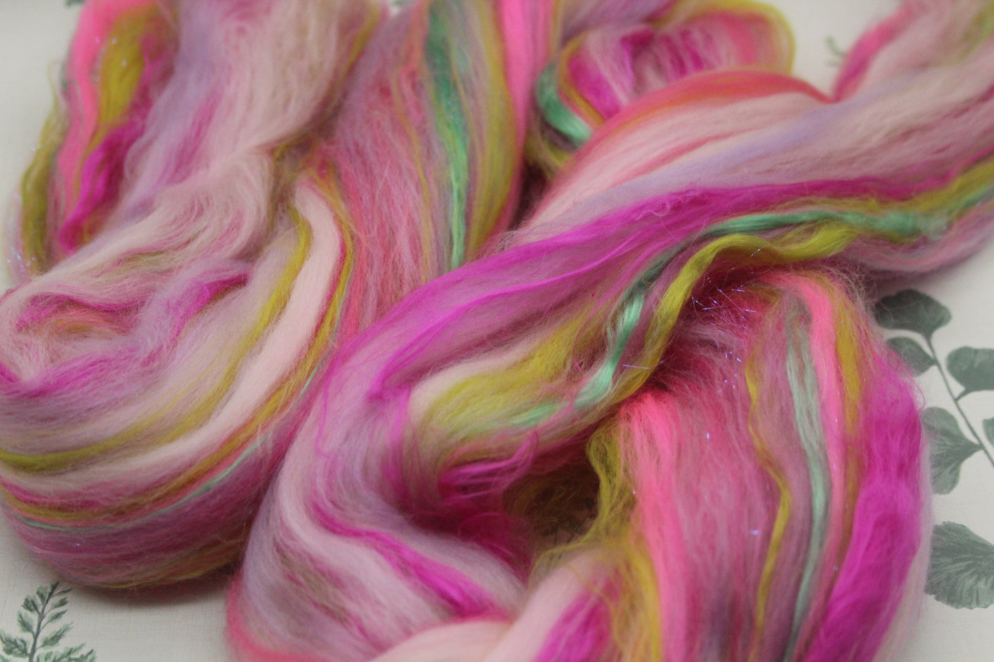 Merino Wool Blend - Purple Rose Green Pink - 56 grams / 1.9 oz - Fibre for felting, weaving or spinning