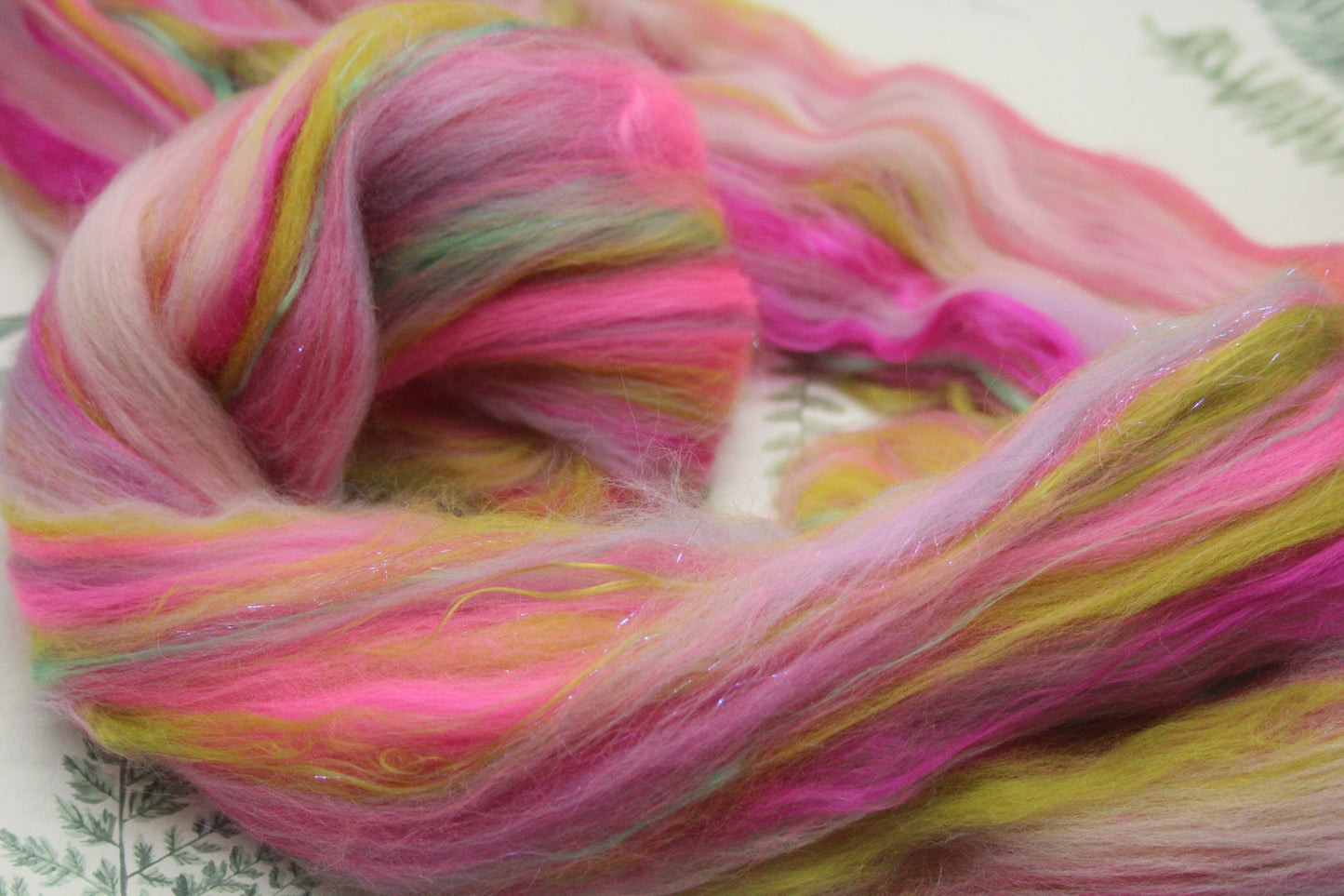 Merino Wool Blend - Purple Rose Green Pink - 56 grams / 1.9 oz - Fibre for felting, weaving or spinning