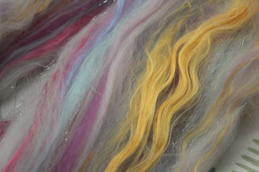 Merino Wool Blend - White Blue Purple Pink - 66 grams / 2.3 oz - Fibre for felting, weaving or spinning