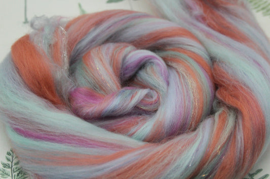 Merino Wool Blend - Aqua Brown Pink - 49 grams / 1.7 oz - Fibre for felting, weaving or spinning