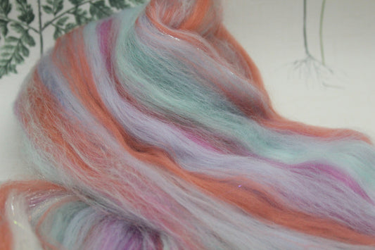Merino Wool Blend - Aqua Brown Pink - 49 grams / 1.7 oz - Fibre for felting, weaving or spinning