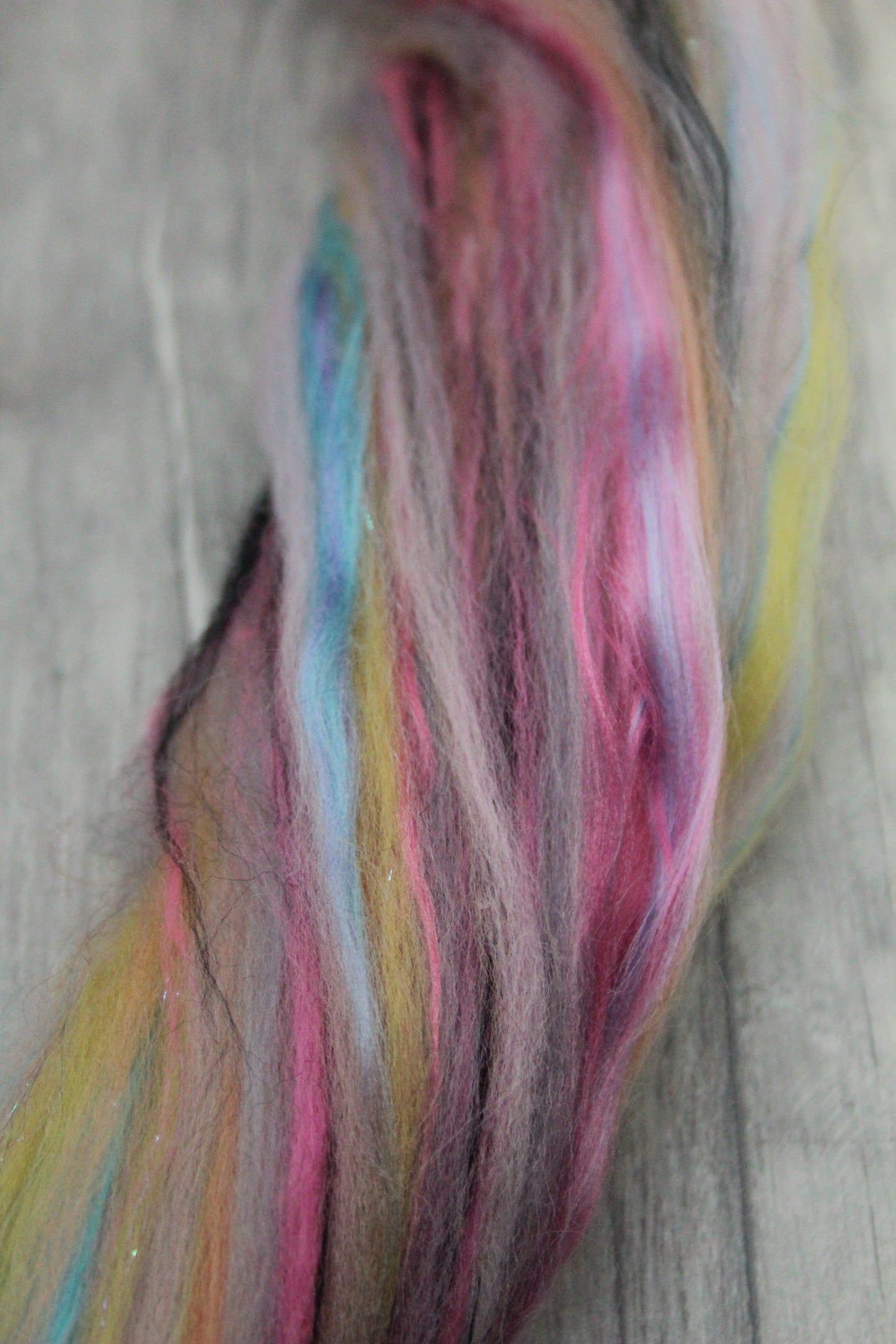 Wool Blend - Pink Black Yellow  - 38 grams / 1.3 oz  - Fibre for felting, weaving or spinning