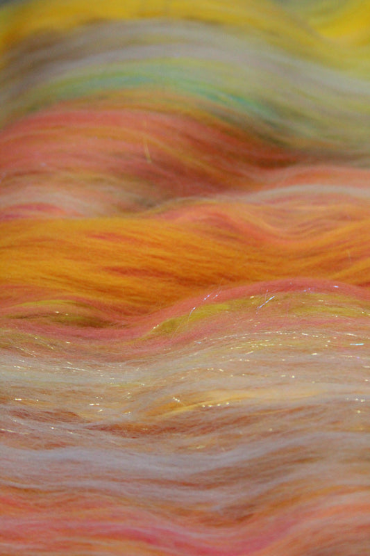Merino Art Batt  - Yellow Pink Green - 111 grams 3.9 oz - Wool for felting, spinning and weaving