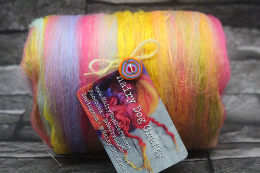 Merino Art Batt  - Yellow Pink Green - 111 grams 3.9 oz - Wool for felting, spinning and weaving