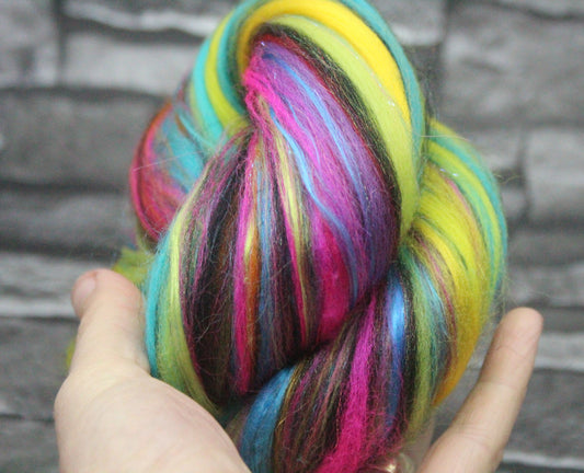 Merino Wool Blend - Pink Purple Yellow Black Green - 13 grams / 0.4 oz - Fibre for felting, weaving or spinning