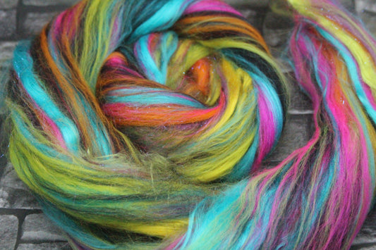Merino Wool Blend - Pink Purple Yellow Black Green - 40 grams / 1.4 oz - Fibre for felting, weaving or spinning