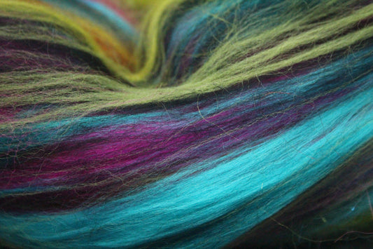 Merino Wool Blend - Pink Purple Yellow Black Green - 40 grams / 1.4 oz - Fibre for felting, weaving or spinning