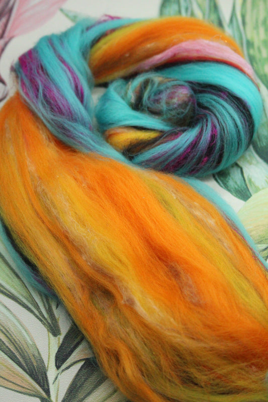 Merino Wool Blend - Orange Blue Black - 24 grams / 0.8 oz  - Fibre for felting, weaving or spinning