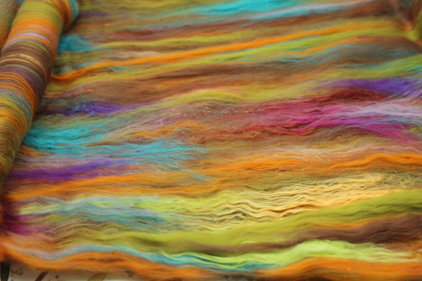 Supersoft Merino Art Batt  - Green Brown Orange - 58 grams 2 oz - Wool for felting, spinning and weaving
