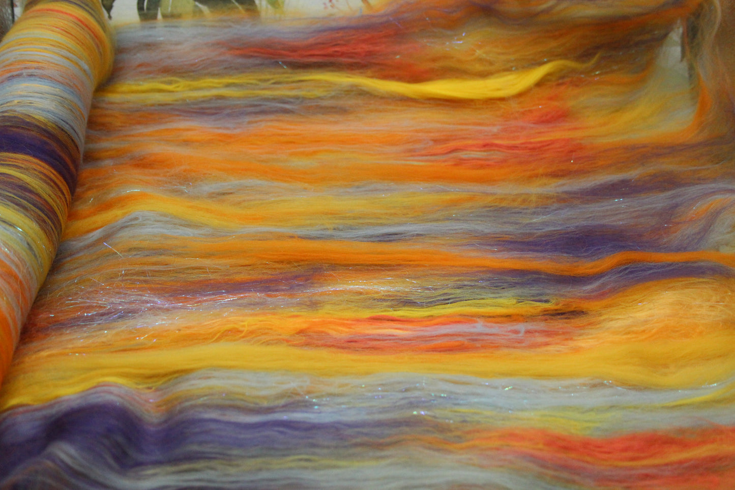 Supersoft Merino Art Batt  - Orange Yellow Blue - 63 grams 2.2 oz - Wool for felting, spinning and weaving