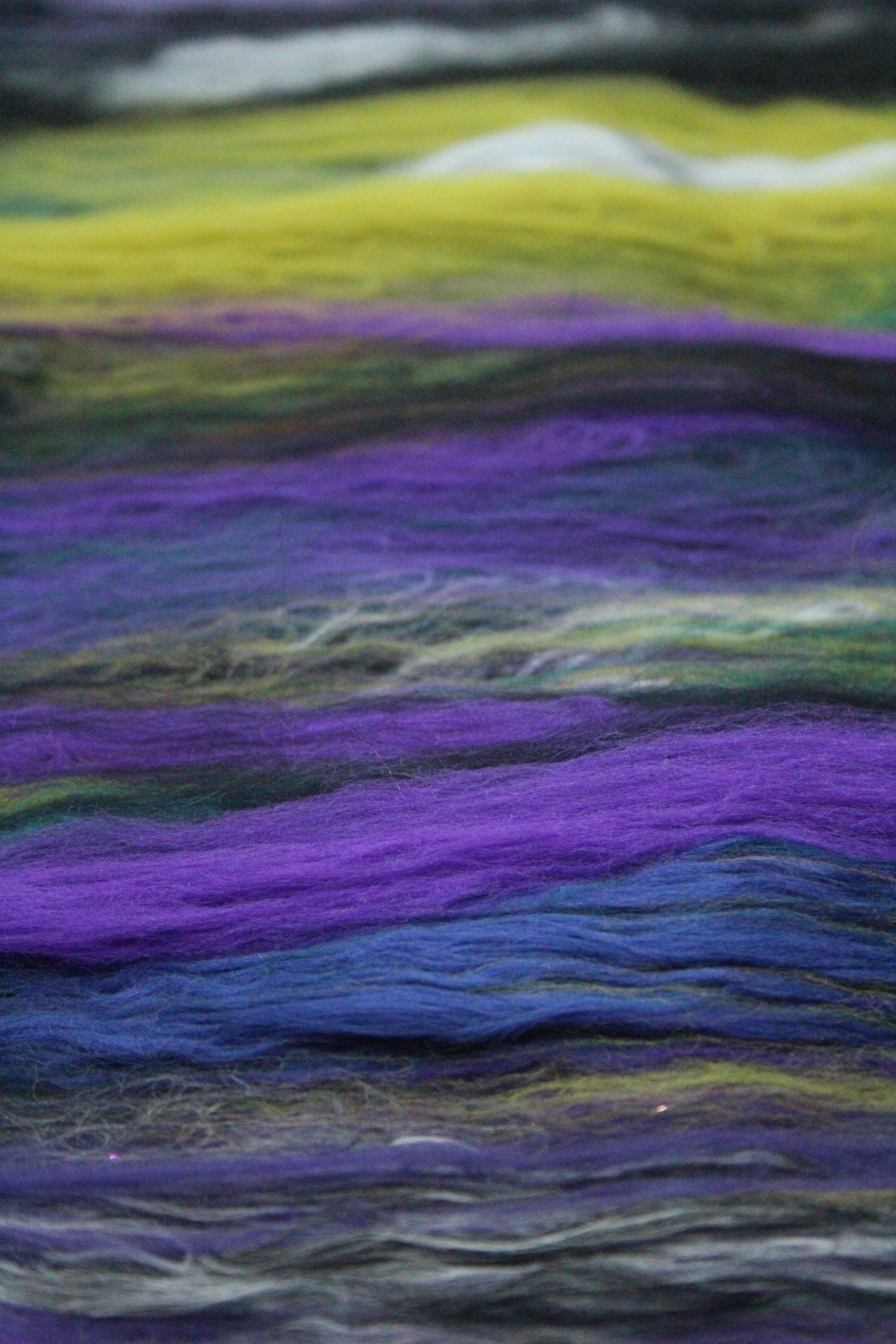 Supersoft Merino Art Batt  - Black Purple Green - 91 grams 3.2 oz - Wool for felting, spinning and weaving