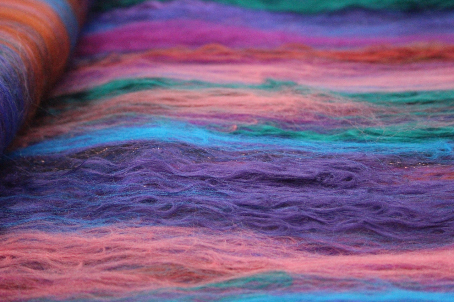 Merino Art Batt  - Ultraviolet Brown Blue Pink - 59 grams 2 oz - Wool for felting, spinning and weaving
