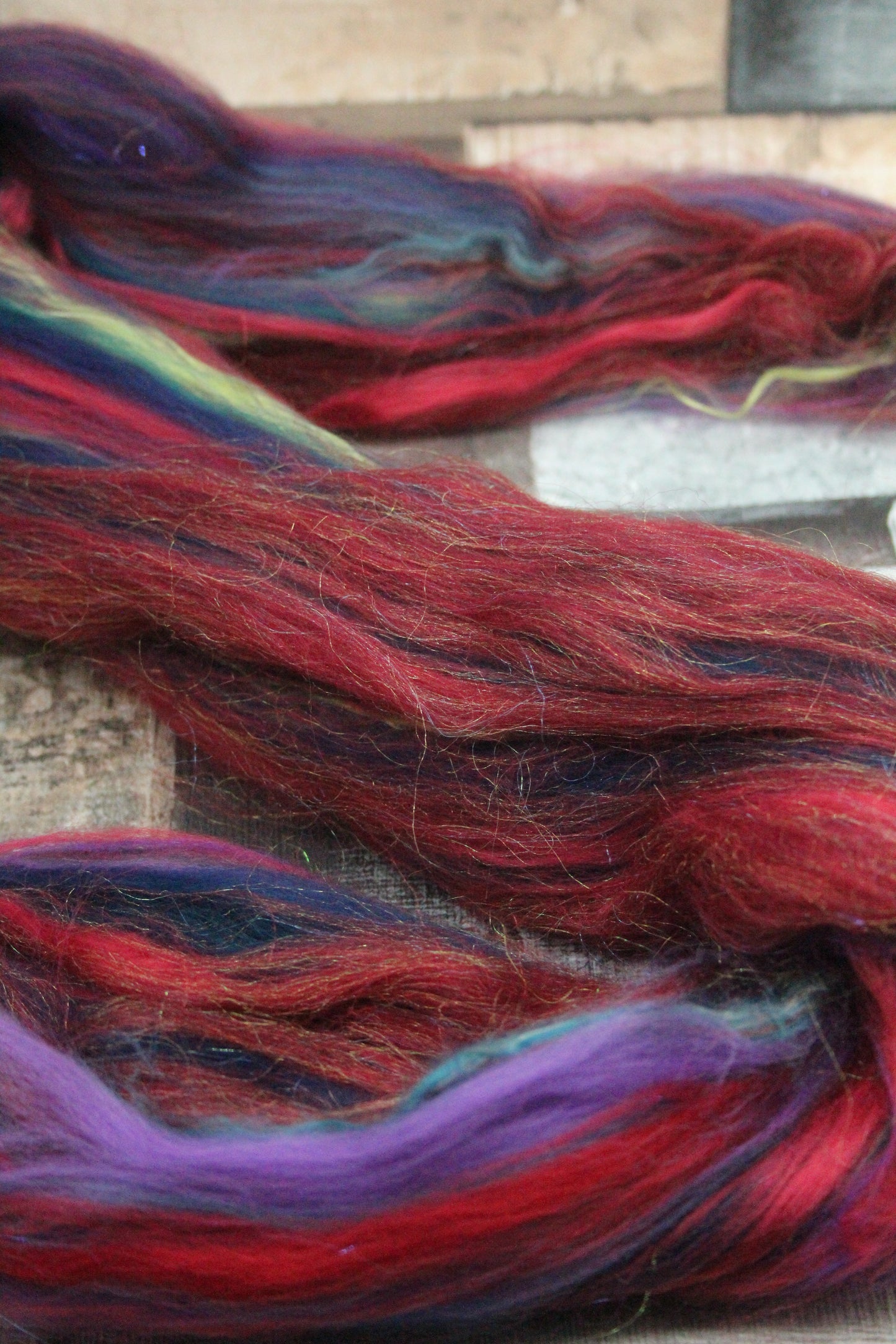Wool Blend - Red Purple Blue Green - 27 grams / 0.9 oz  - Fibre for felting, weaving or spinning