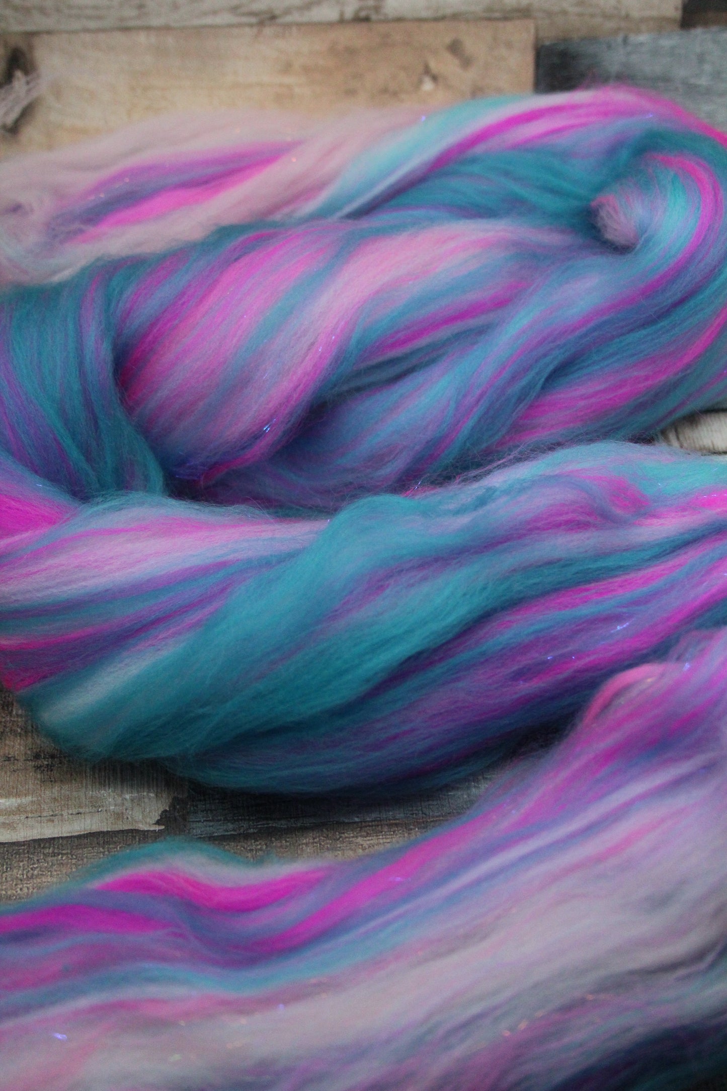Merino Wool Blend - Pink Turquoise- 56 grams / 1.9 oz  - Fibre for felting, weaving or spinning