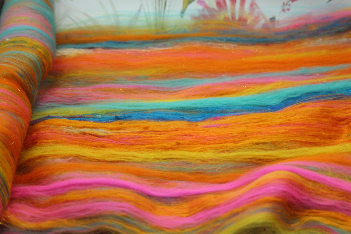 Merino Art Batt  - Yellow Pink Orange Blue - 52 grams 1.8 oz - Wool for felting, spinning and weaving