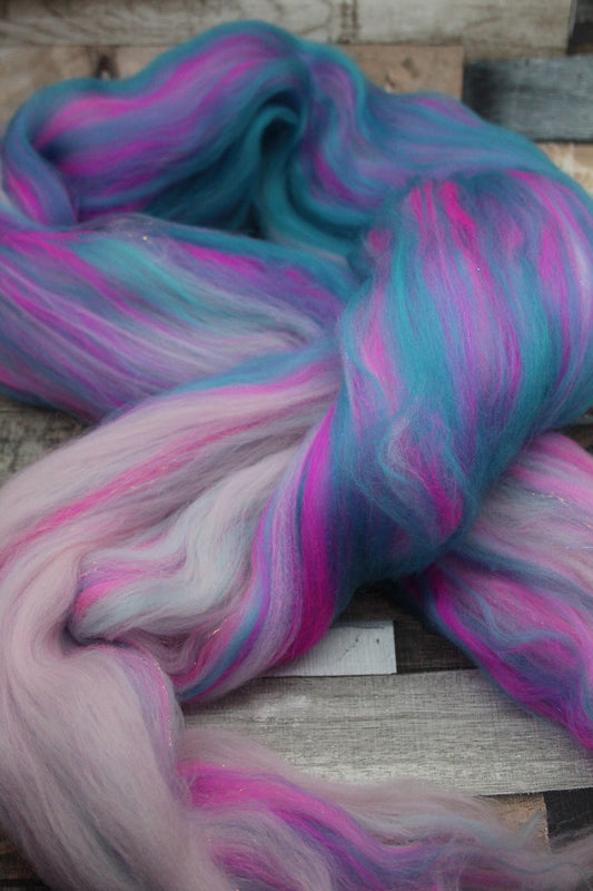 Wool Blend - Pink Turquoise- 56 grams / 1.9 oz  - Fibre for felting, weaving or spinning