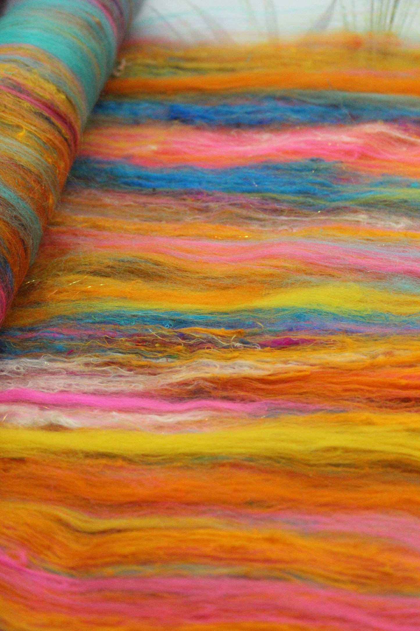 Merino Art Batt  - Yellow Pink Orange Blue - 52 grams 1.8 oz - Wool for felting, spinning and weaving