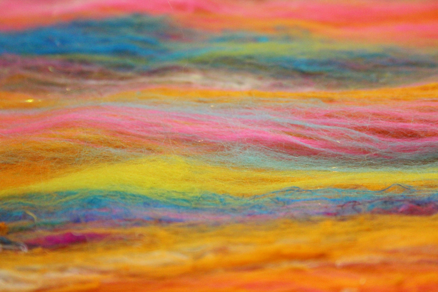 Merino Art Batt  - Yellow Pink Orange Blue - 52 grams 1.8 oz - Wool for felting, spinning and weaving