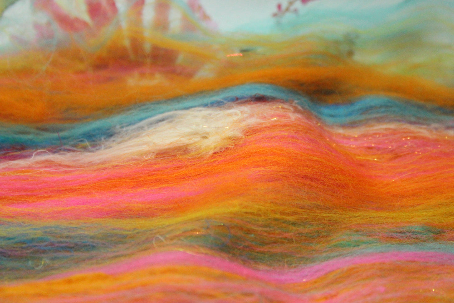 Merino Art Batt  - Yellow Pink Orange Blue - 52 grams 1.8 oz - Wool for felting, spinning and weaving